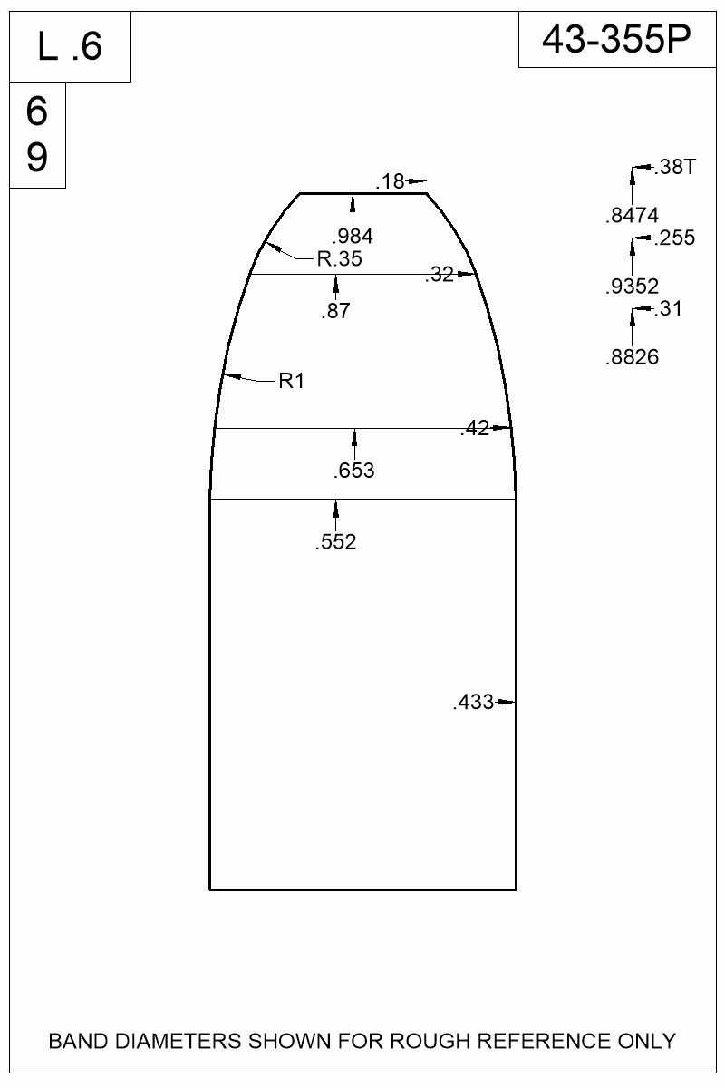 Dimensioned view of bullet 43-355P