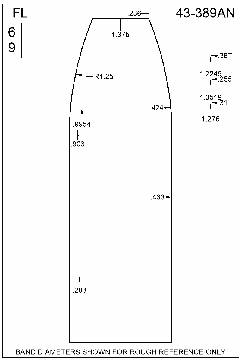 Dimensioned view of bullet 43-389AN
