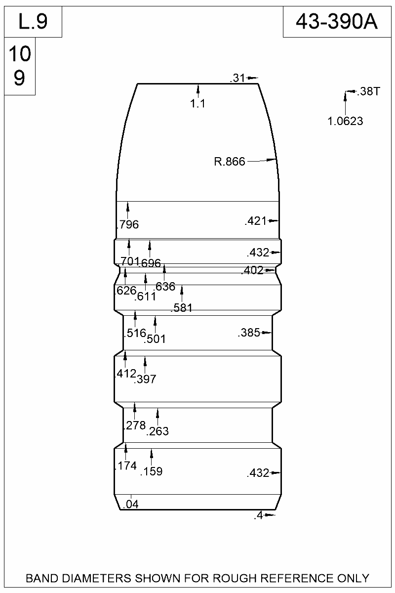 Dimensioned view of bullet 43-390A