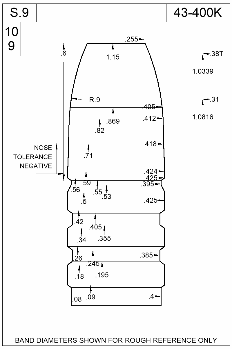 Dimensioned view of bullet 43-400K