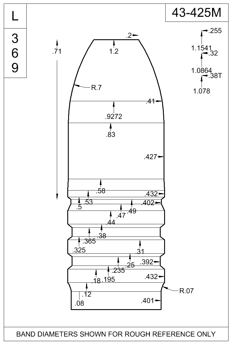 Dimensioned view of bullet 43-425M