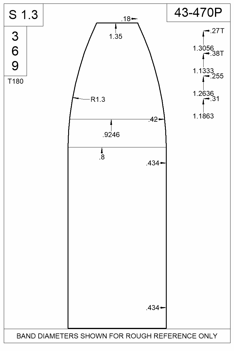 Dimensioned view of bullet 43-470P