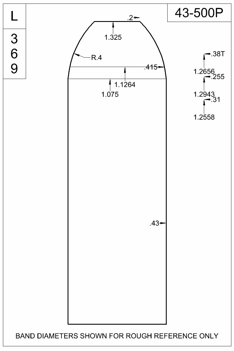 Dimensioned view of bullet 43-500P
