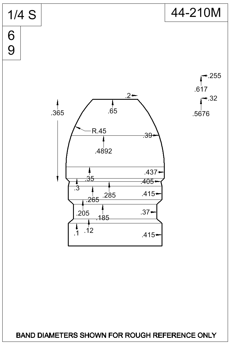 Dimensioned view of bullet 44-210M