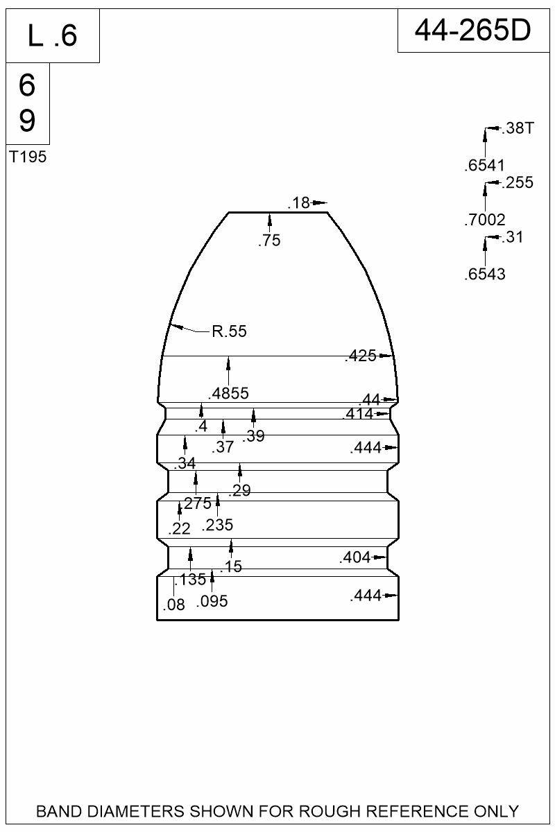 Dimensioned view of bullet 44-265D
