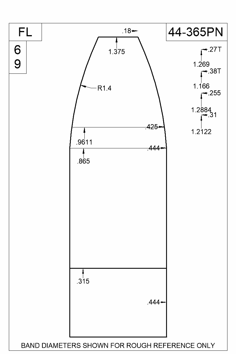 Dimensioned view of bullet 44-365PN
