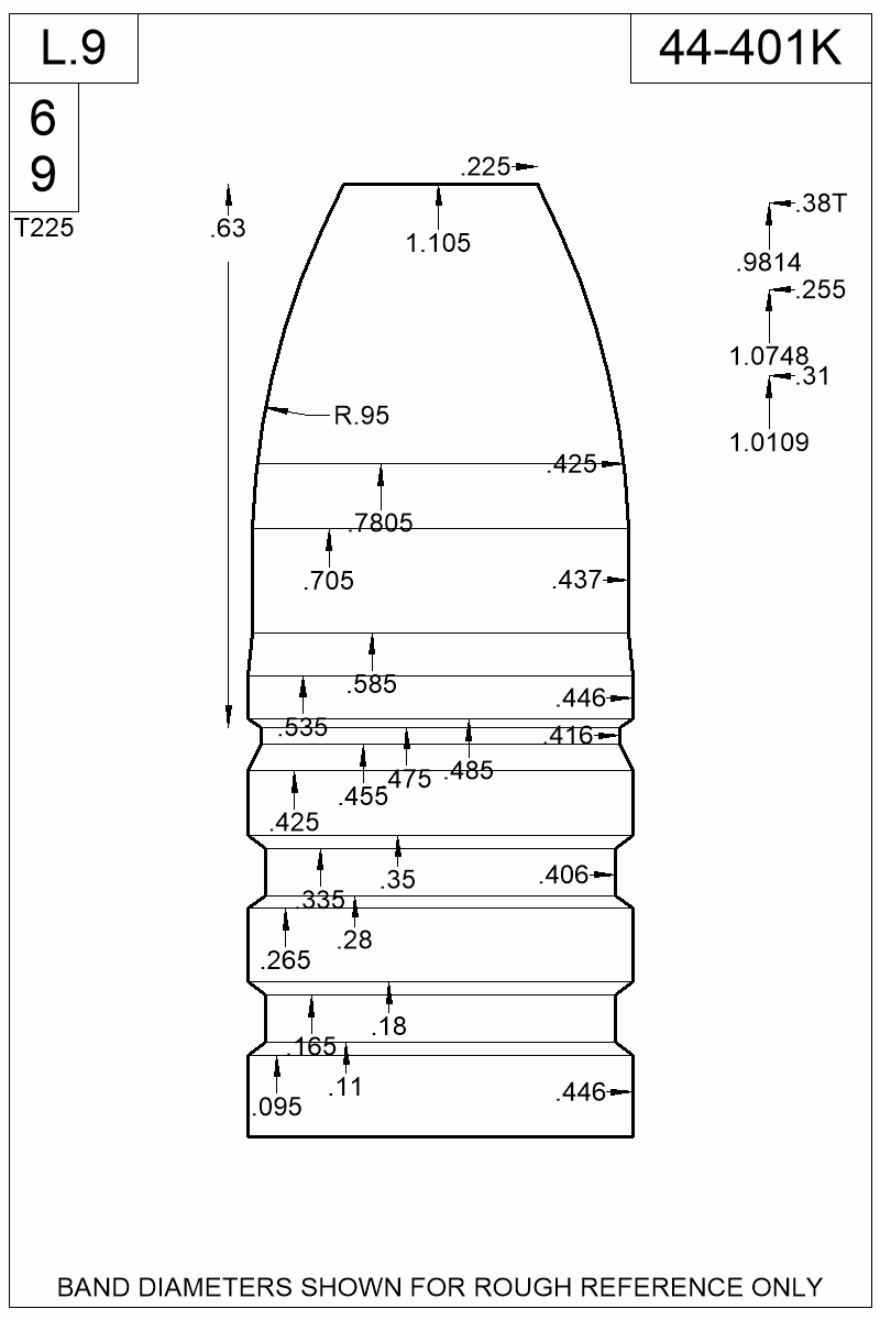 Dimensioned view of bullet 44-401K