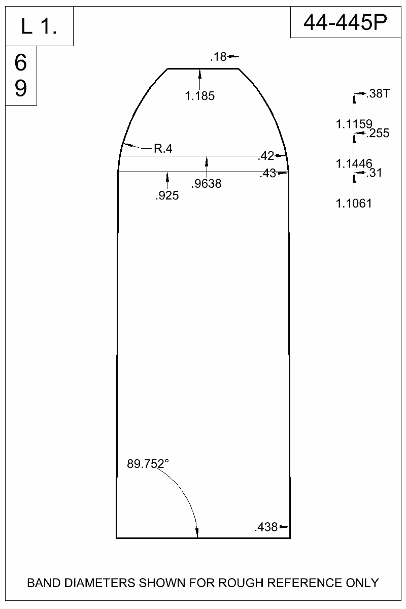 Dimensioned view of bullet 44-445P