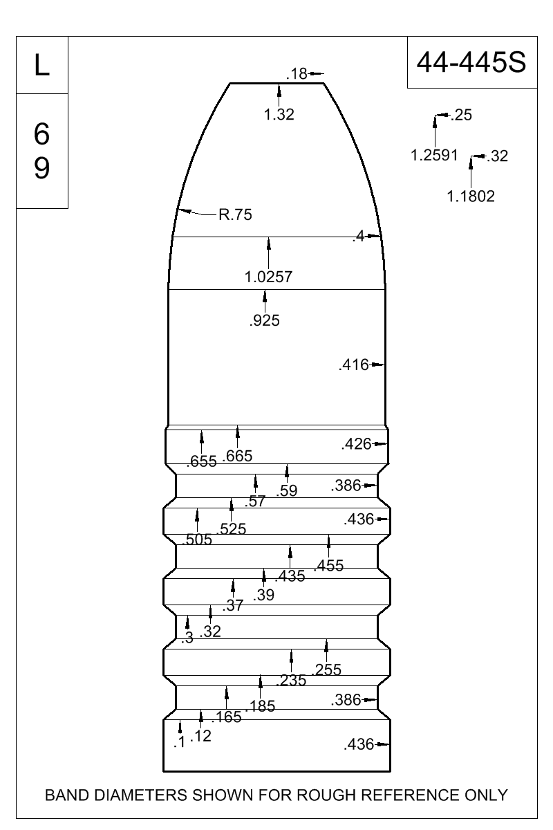 Dimensioned view of bullet 44-445S