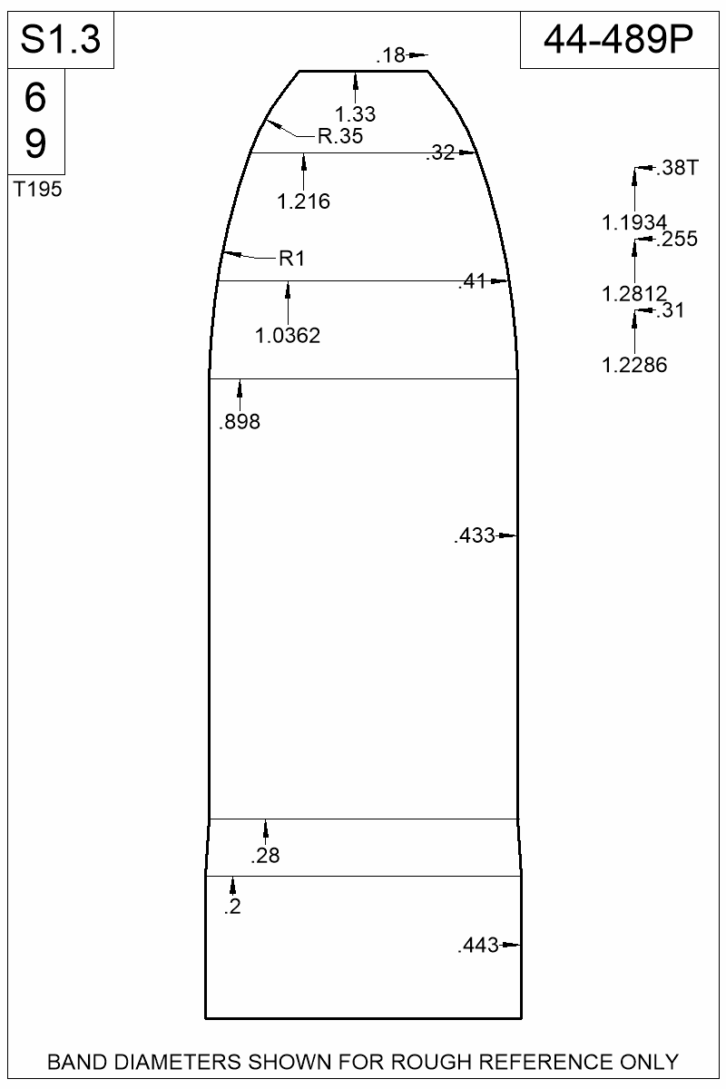 Dimensioned view of bullet 44-489P