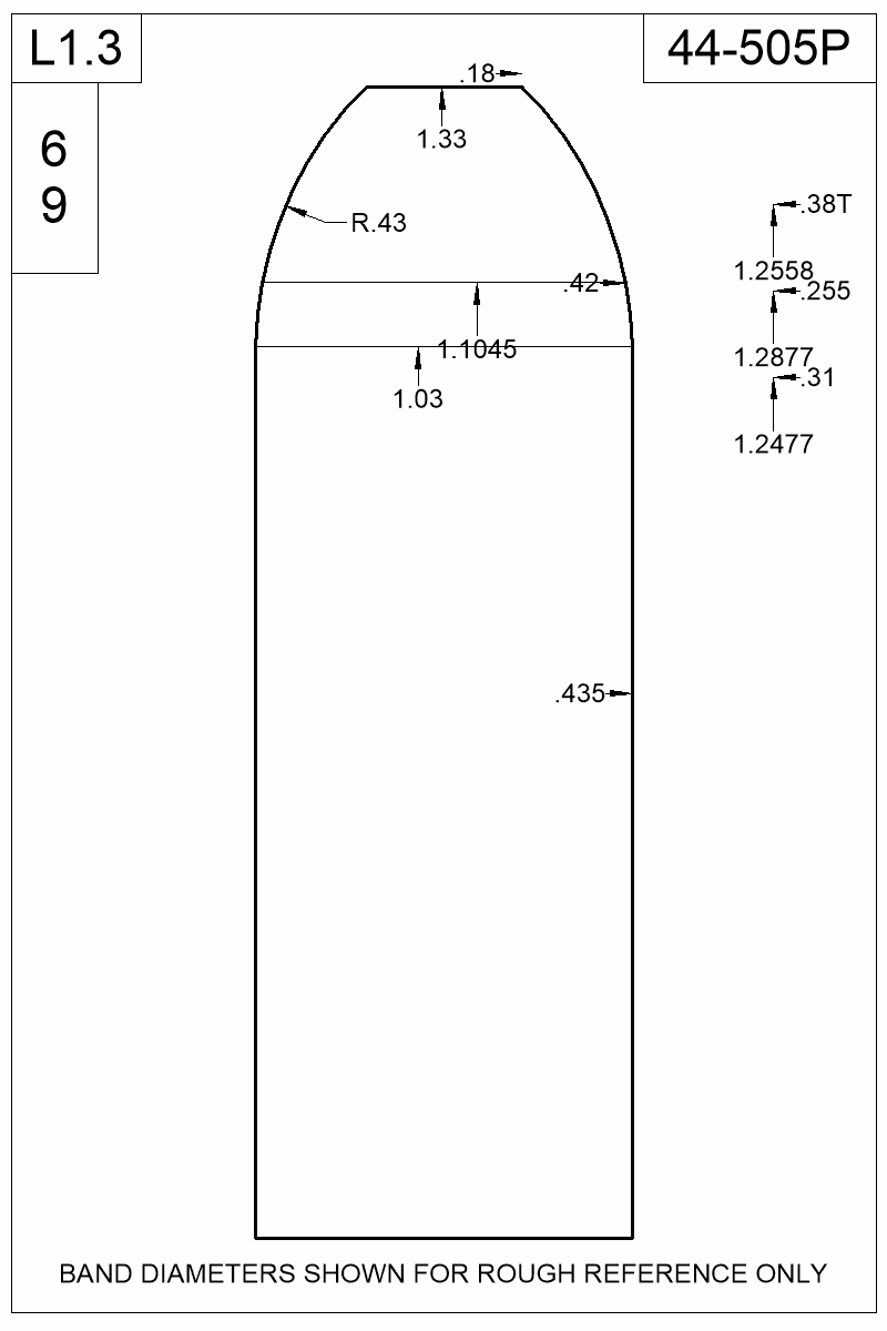 Dimensioned view of bullet 44-505P