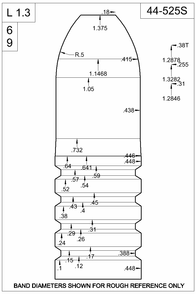 Dimensioned view of bullet 44-525S