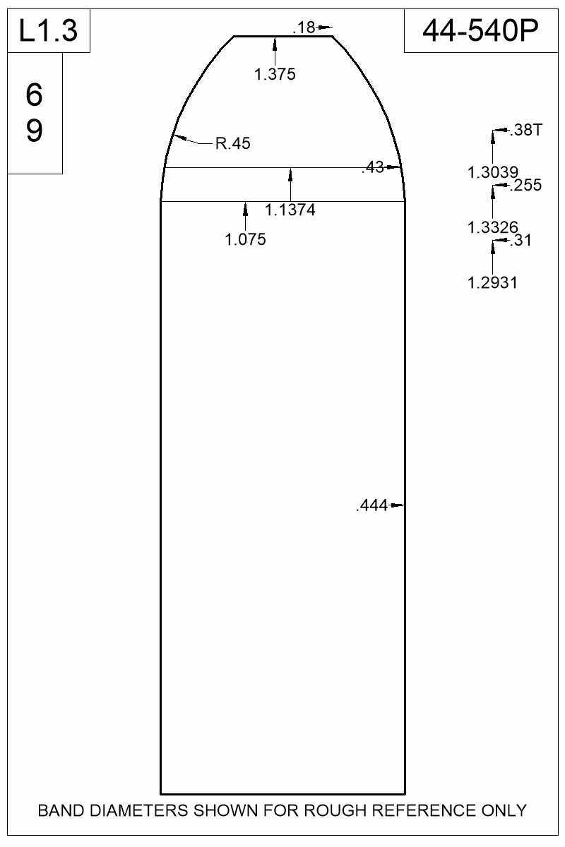 Dimensioned view of bullet 44-540P