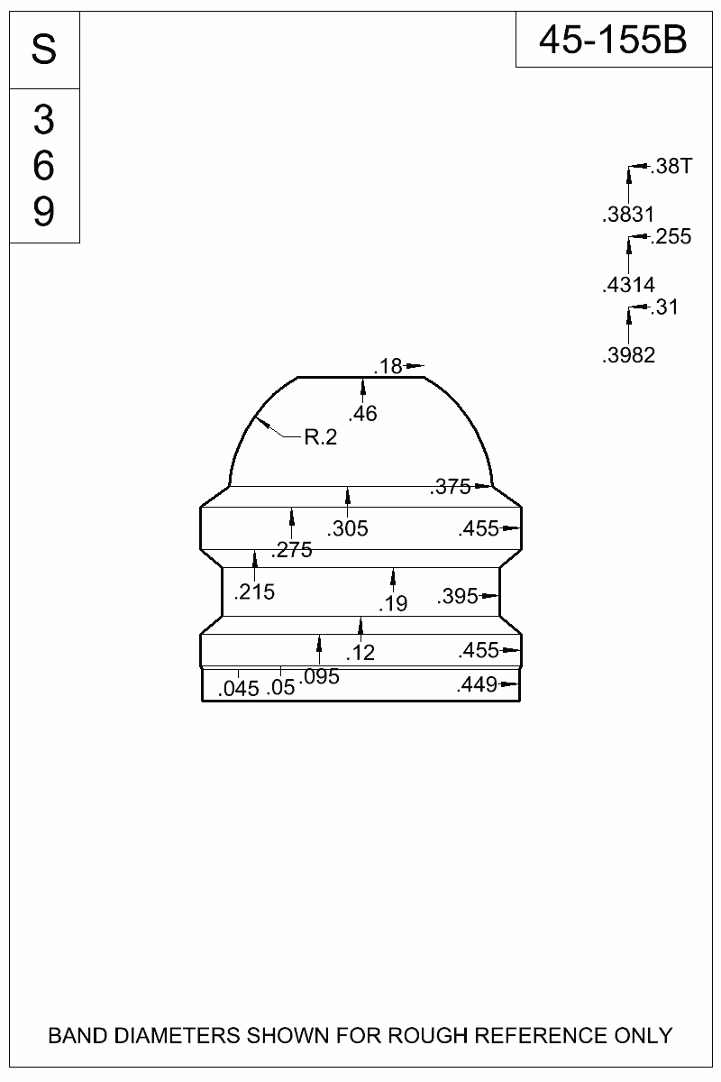 Accurate Molds catalog #45-155B Dimensioned view of bullet 45-155B