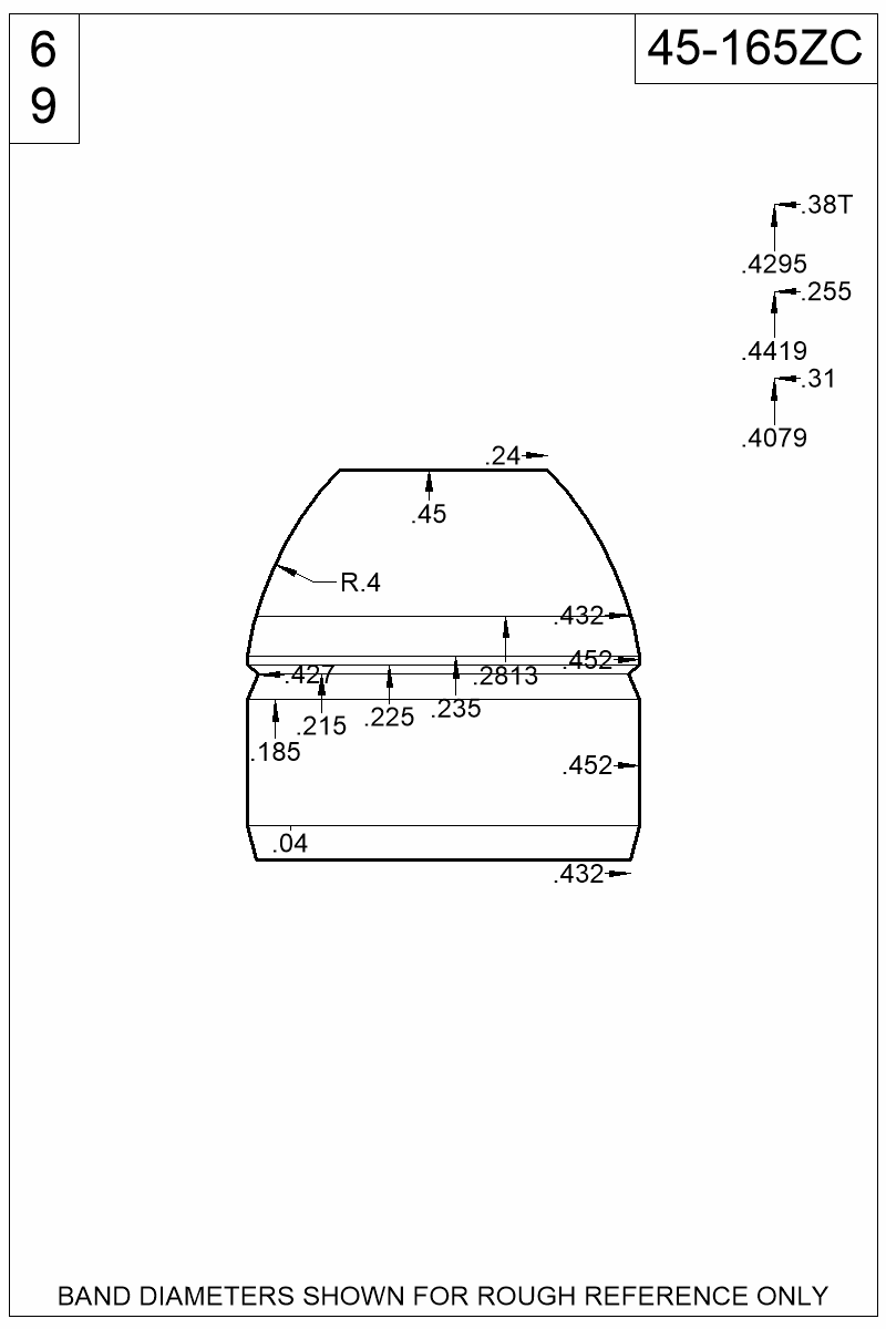 Dimensioned view of bullet 45-165ZC