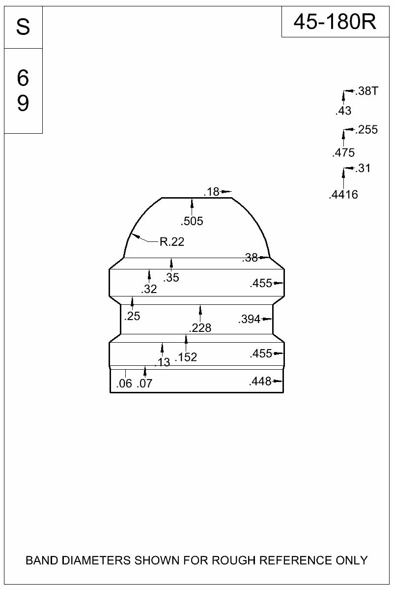 Dimensioned view of bullet 45-180R
