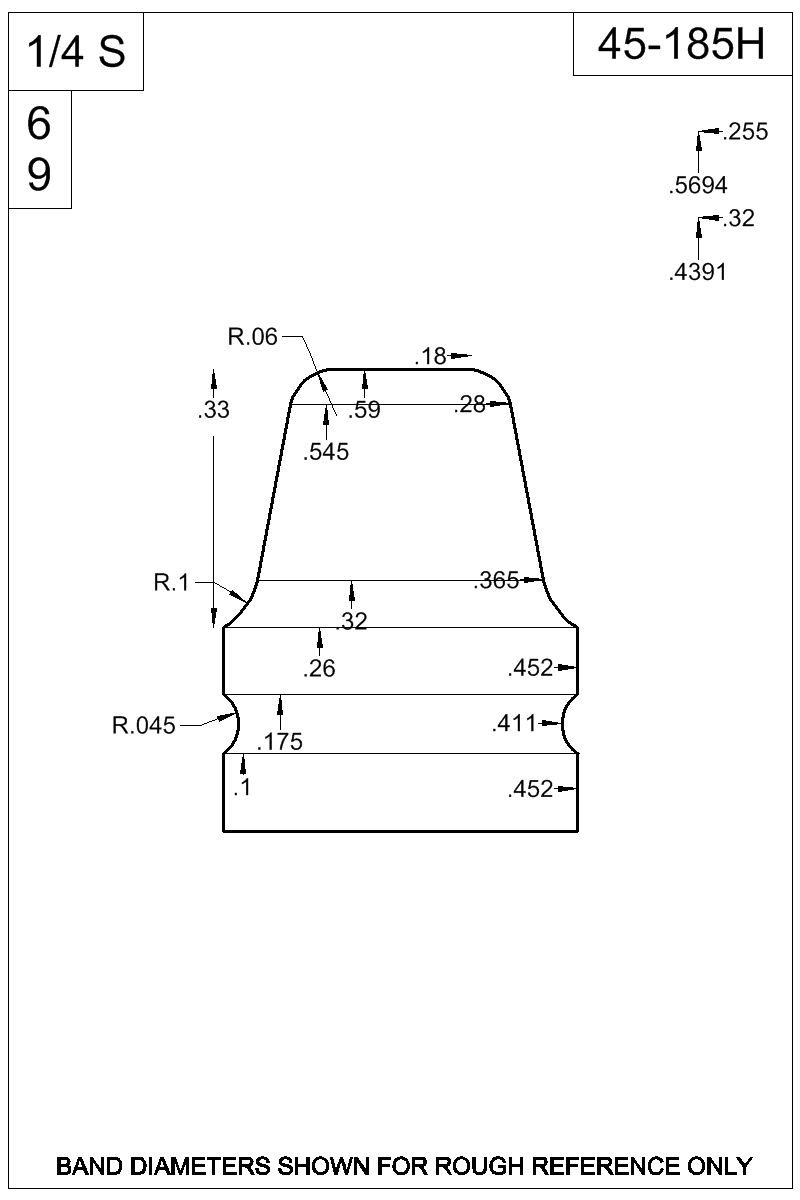Dimensioned view of bullet 45-185H