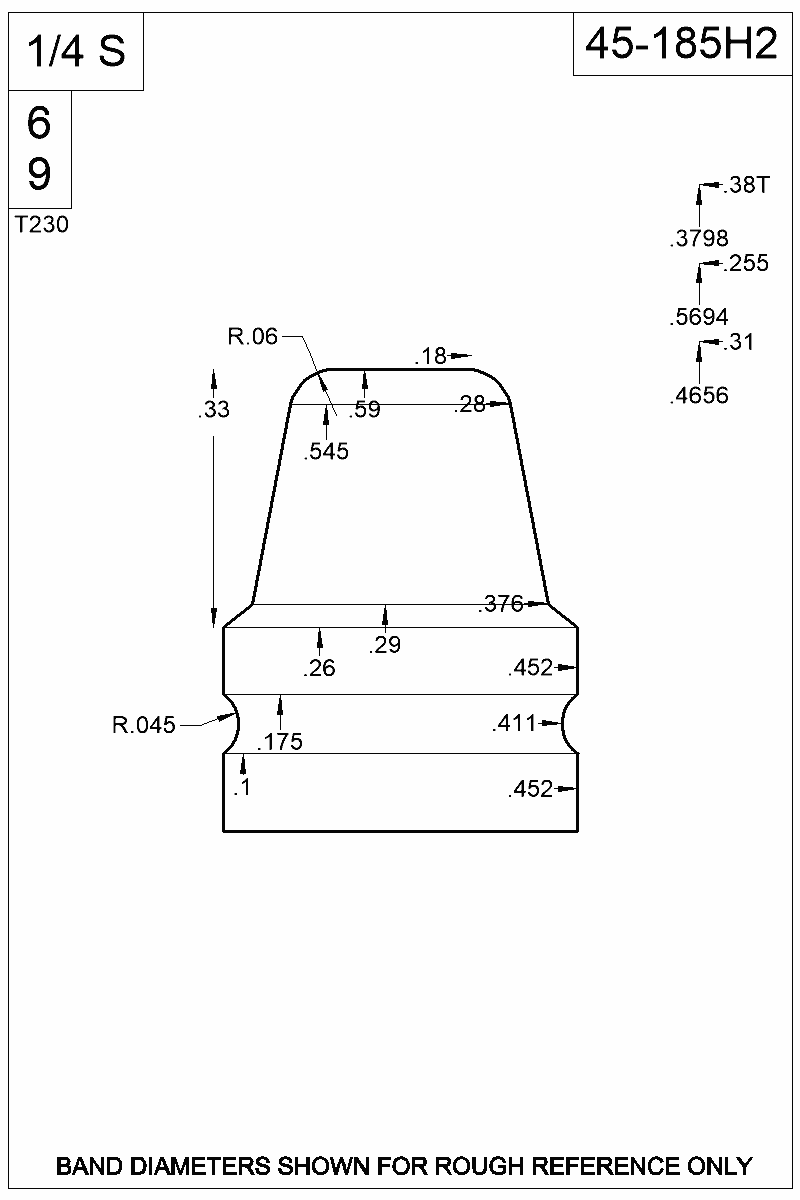 Dimensioned view of bullet 45-185H2