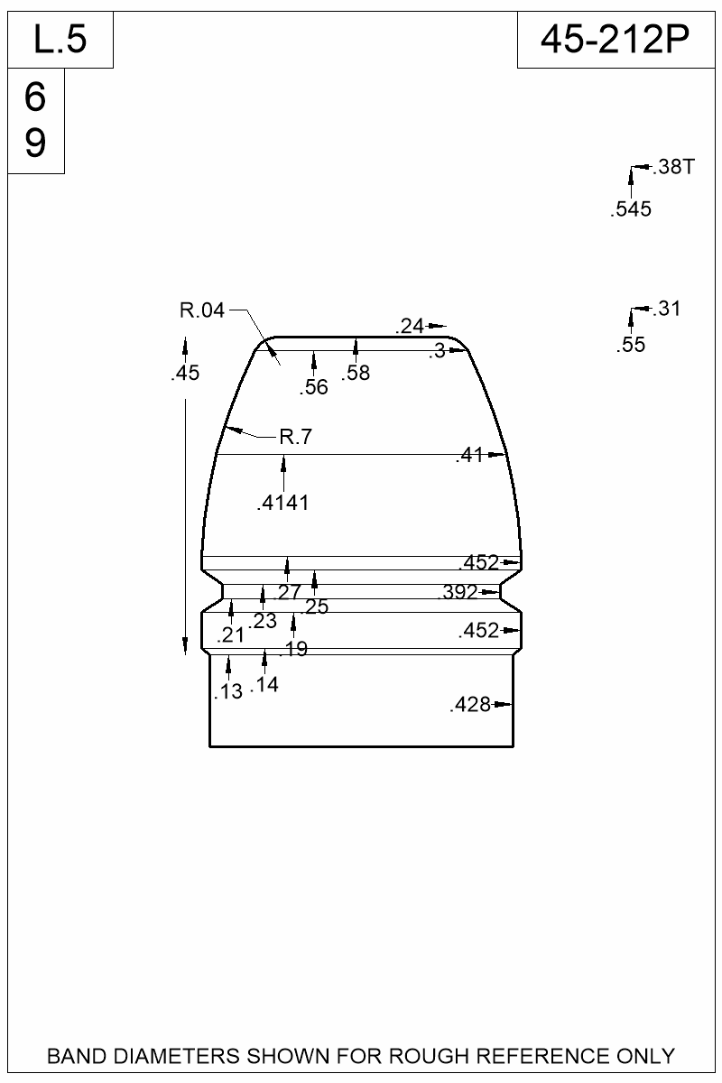 Accurate Molds catalog #45-212P Dimensioned view of bullet 45-212P