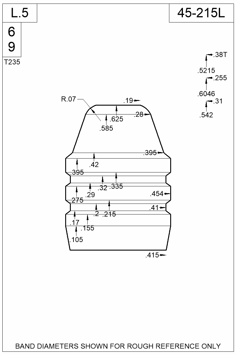 Dimensioned view of bullet 45-215L