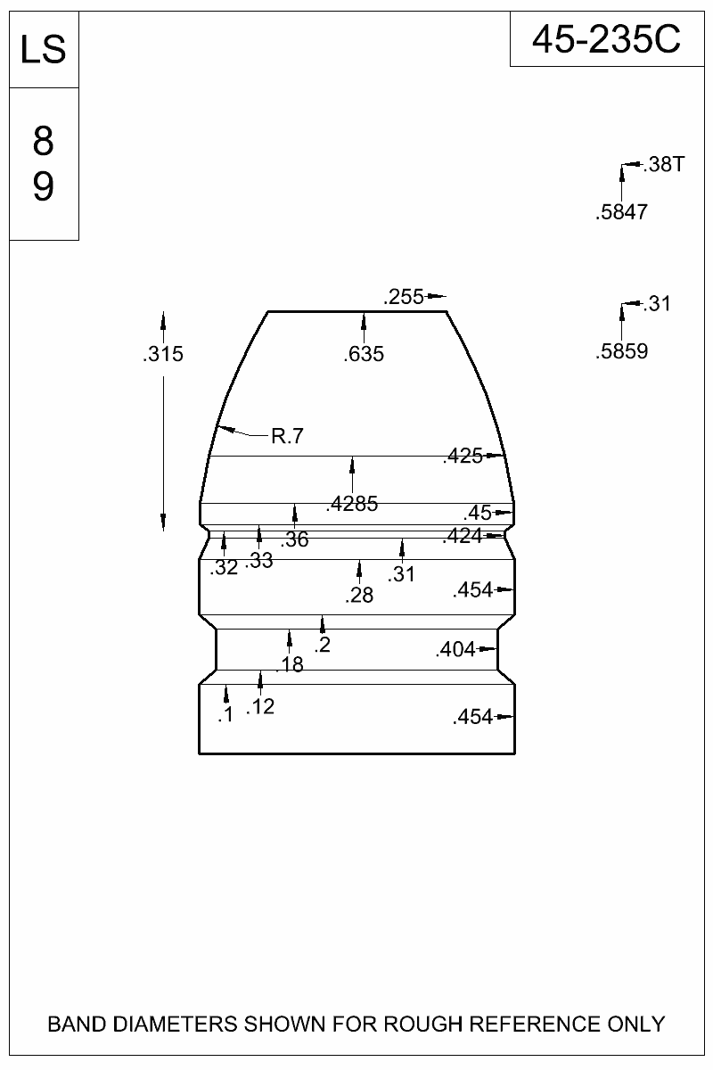 Accurate Molds catalog #45-235C Dimensioned view of bullet 45-235C