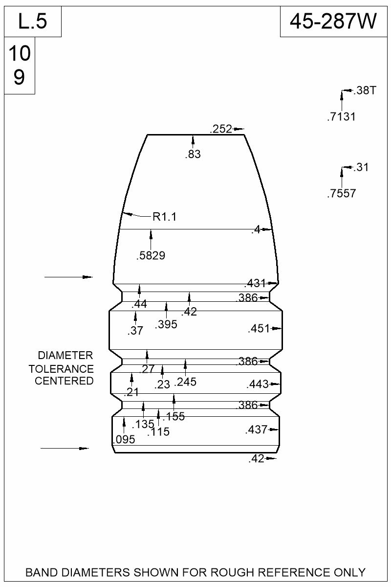 Dimensioned view of bullet 45-287W