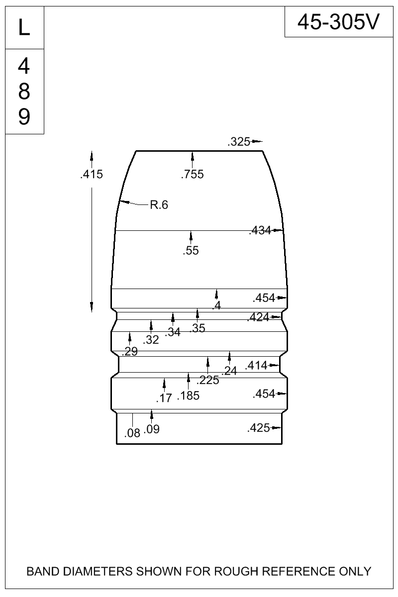 Dimensioned view of bullet 45-305V