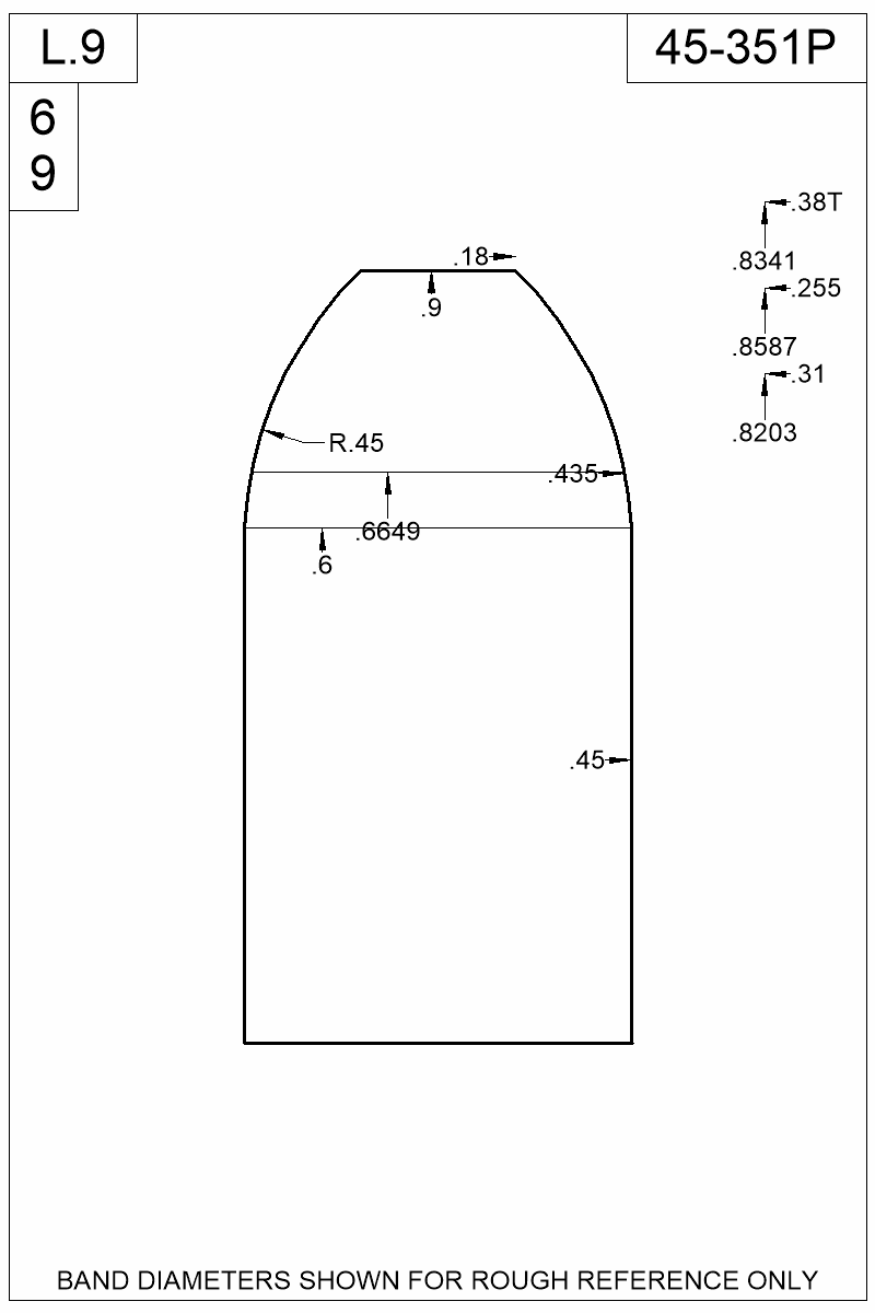 Dimensioned view of bullet 45-351P