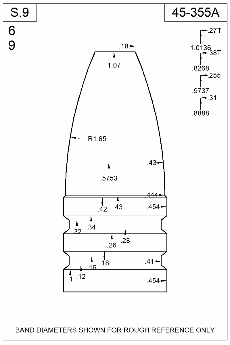 Dimensioned view of bullet 45-355A