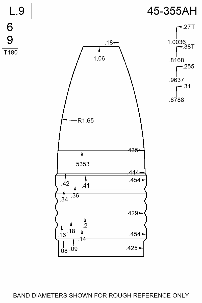 Dimensioned view of bullet 45-355AH