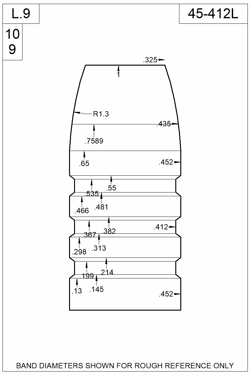 Dimensioned view of bullet 45-412L