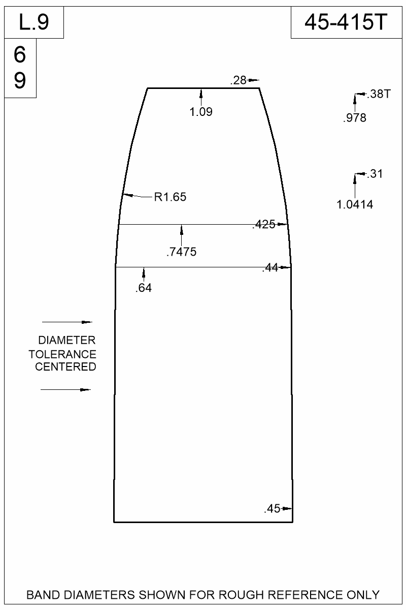 Dimensioned view of bullet 45-415T