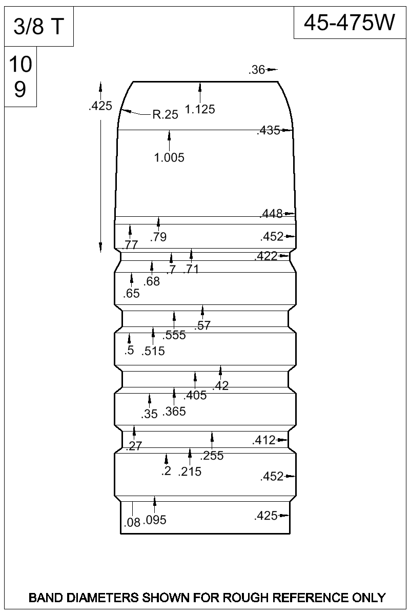 Accurate Molds catalog #45-475W Dimensioned view of bullet 45-475W