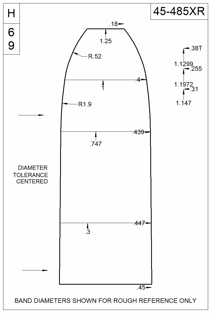 Dimensioned view of bullet 45-485XR