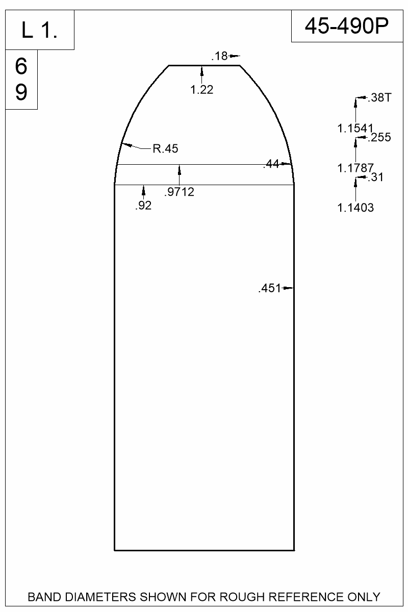 Dimensioned view of bullet 45-490P