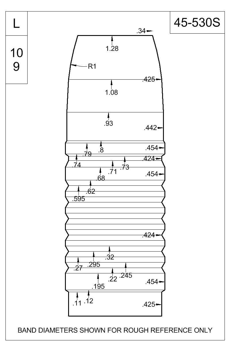 Dimensioned view of bullet 45-530S