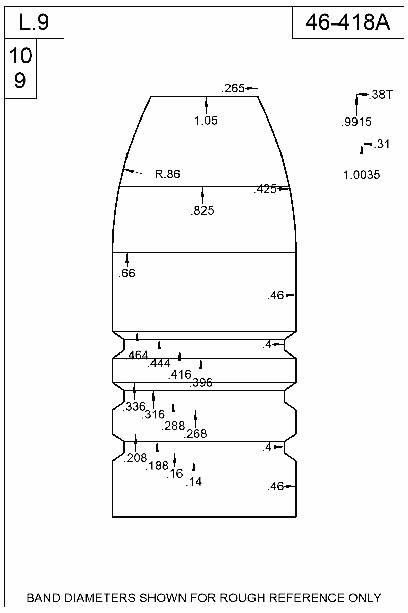Dimensioned view of bullet 46-418A