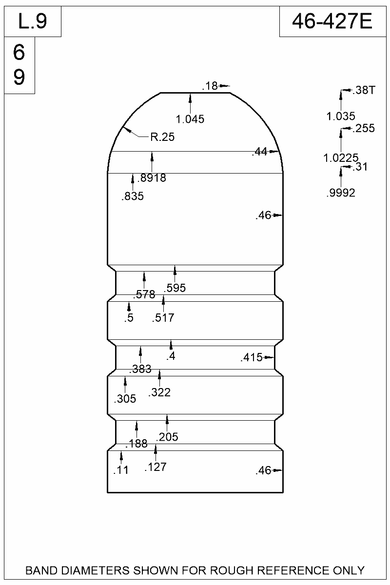 Dimensioned view of bullet 46-427E