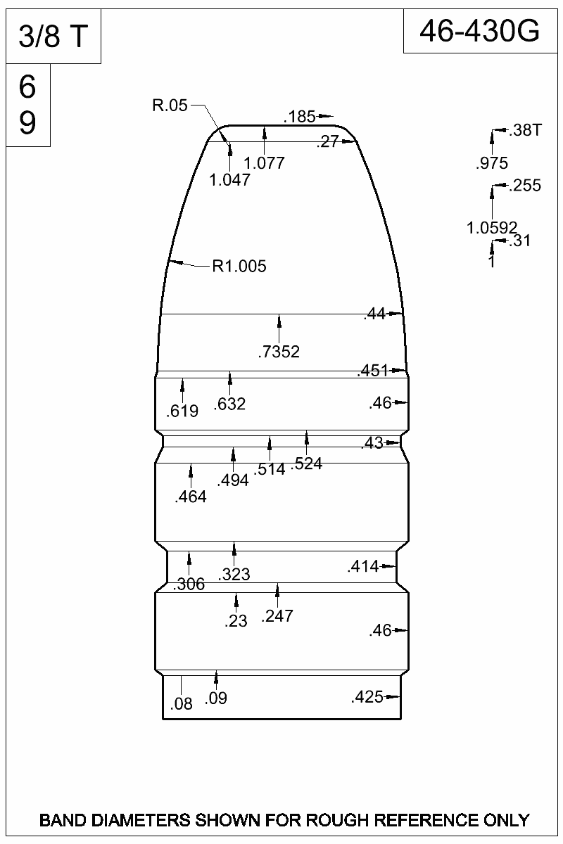 Accurate Molds catalog #46-430G Dimensioned view of bullet 46-430G
