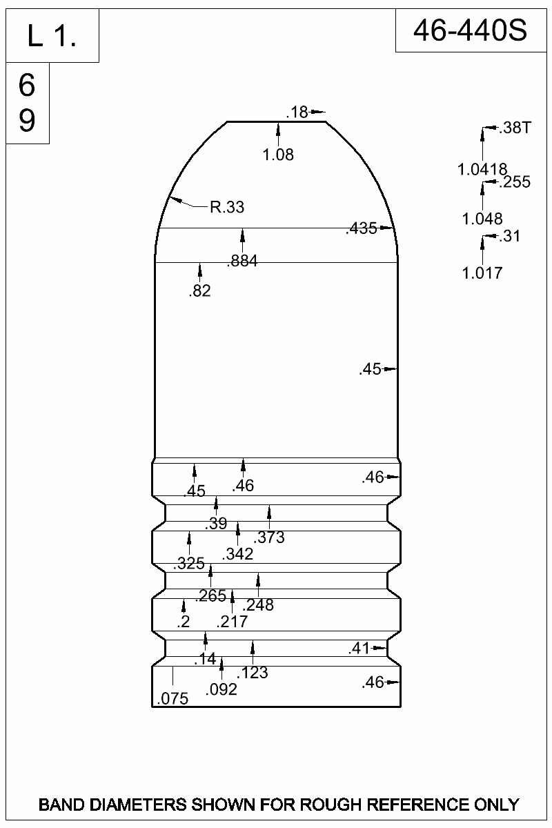 Dimensioned view of bullet 46-440S