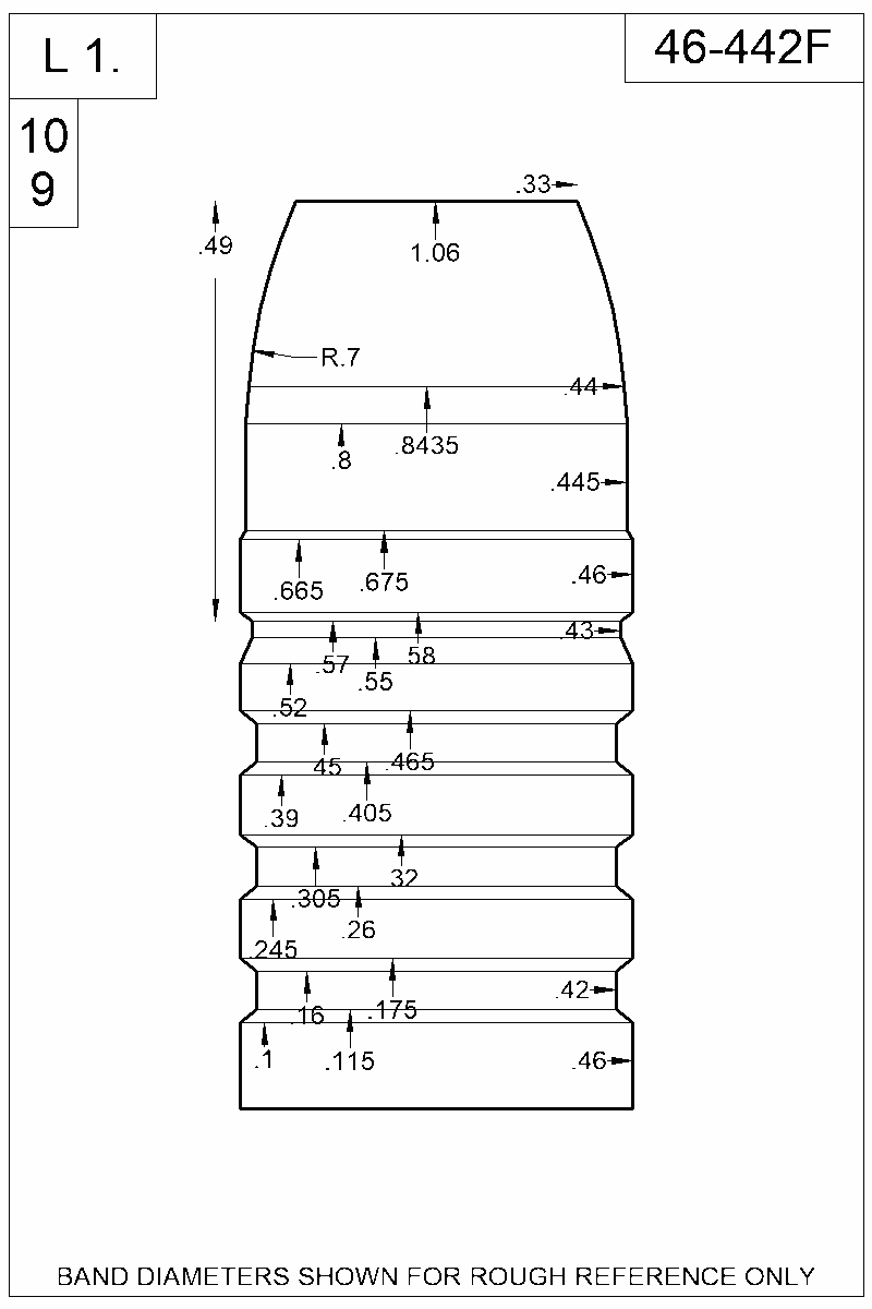 Accurate Molds catalog #46-442F Dimensioned view of bullet 46-442F