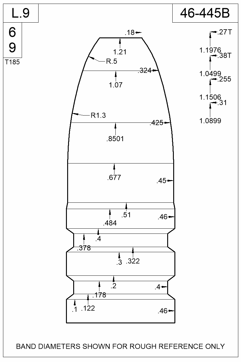 Accurate Molds catalog #46-445B Dimensioned view of bullet 46-445B