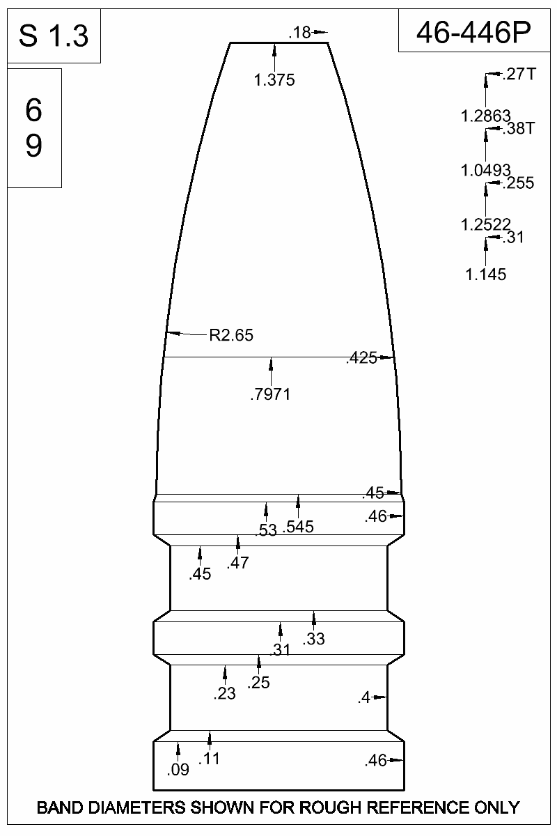 Accurate Molds catalog #46-446P Dimensioned view of bullet 46-446P