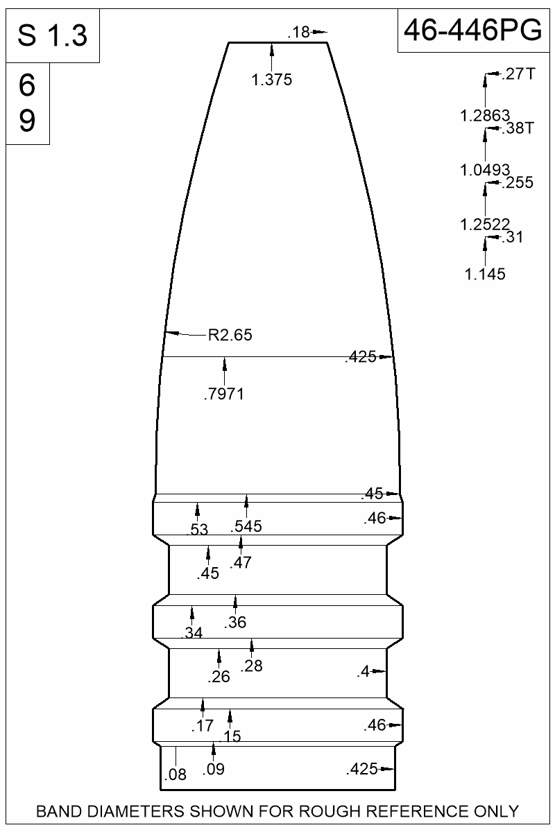 Accurate Molds catalog #46-446PG Dimensioned view of bullet 46-446PG