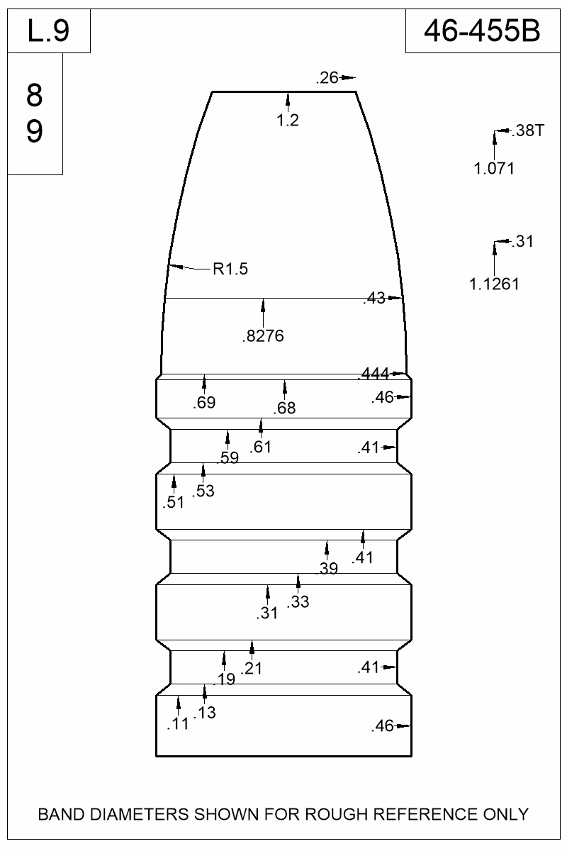 Accurate Molds catalog #46-455B Dimensioned view of bullet 46-455B