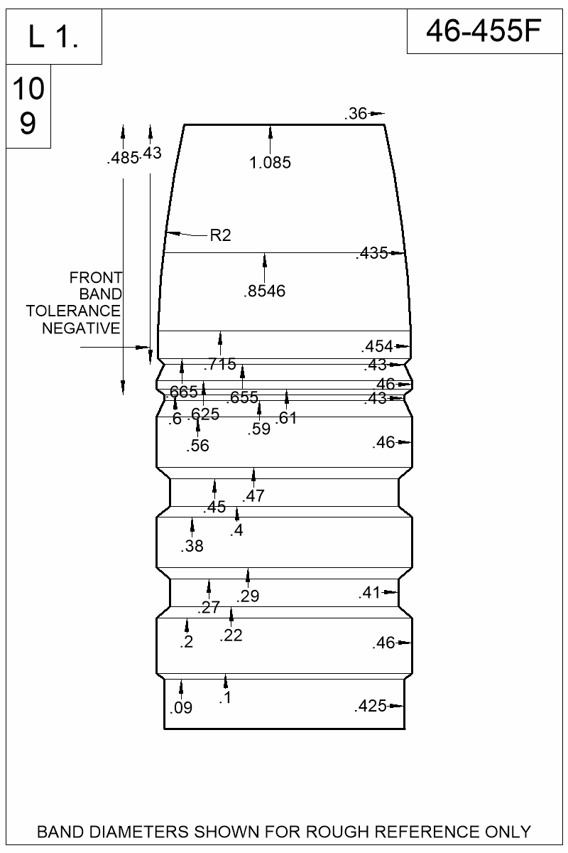 Accurate Molds catalog #46-455F Dimensioned view of bullet 46-455F