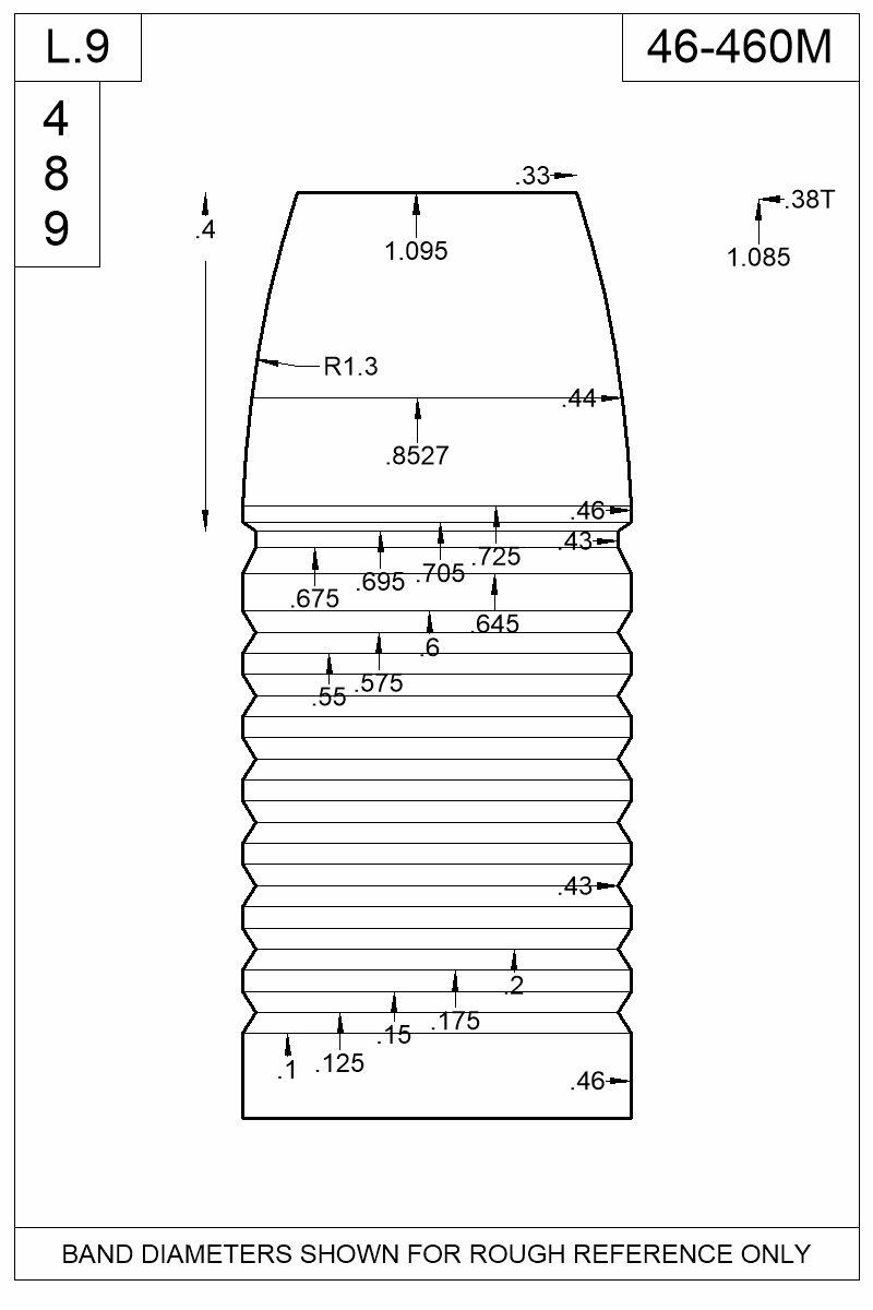 Accurate Molds catalog #46-460M Dimensioned view of bullet 46-460M