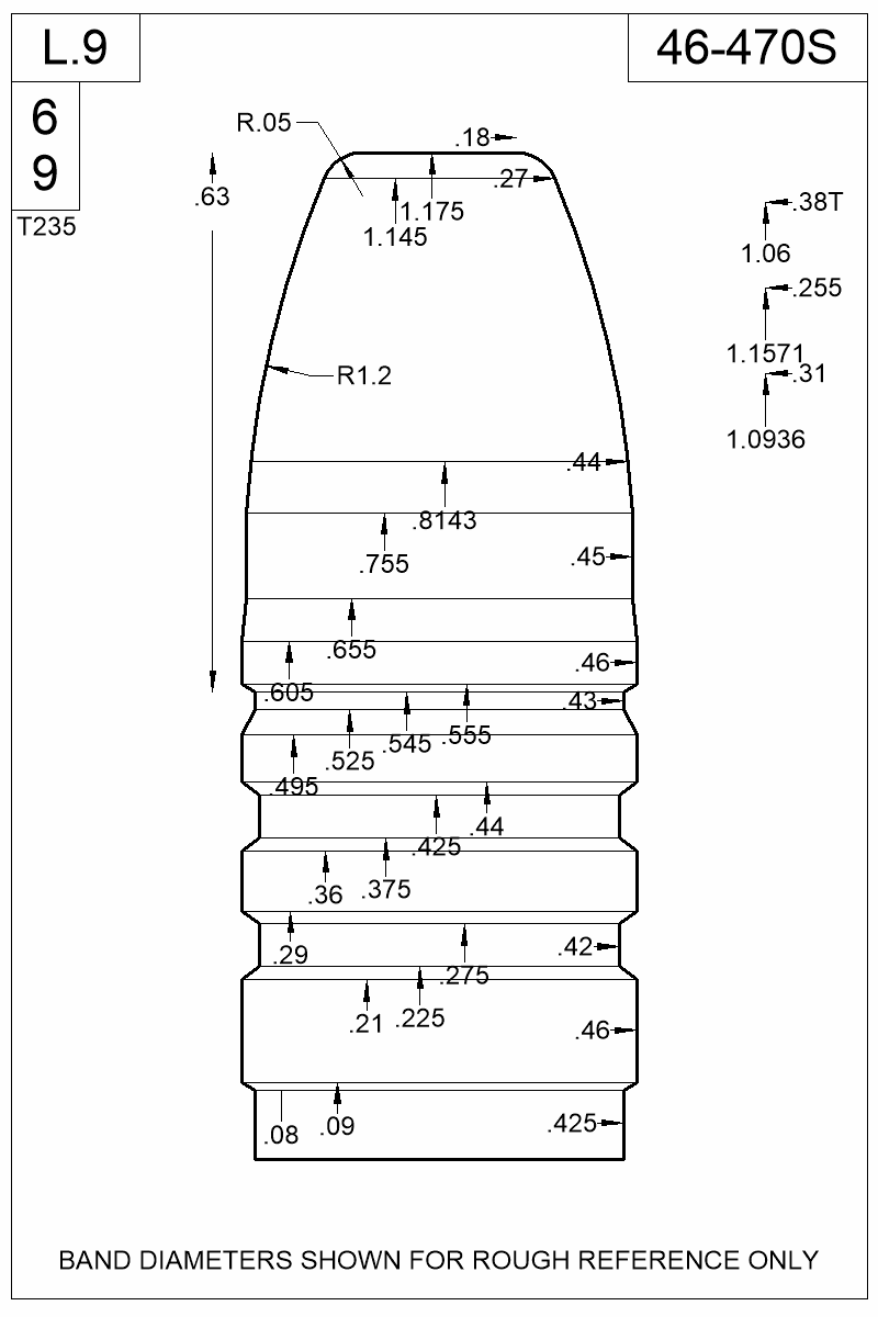 Accurate Molds catalog #46-470S Dimensioned view of bullet 46-470S
