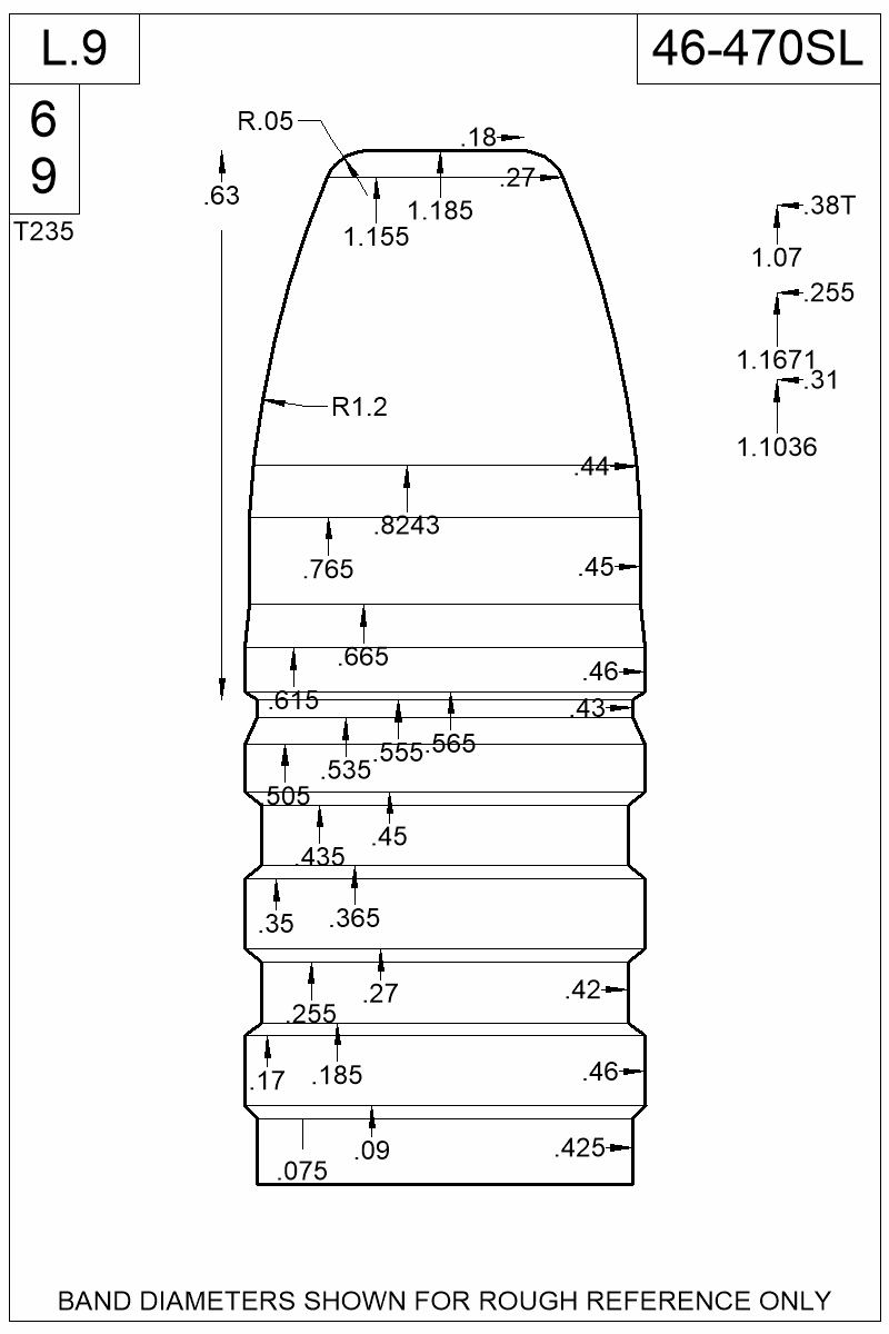 Accurate Molds catalog #46-470SL Dimensioned view of bullet 46-470SL