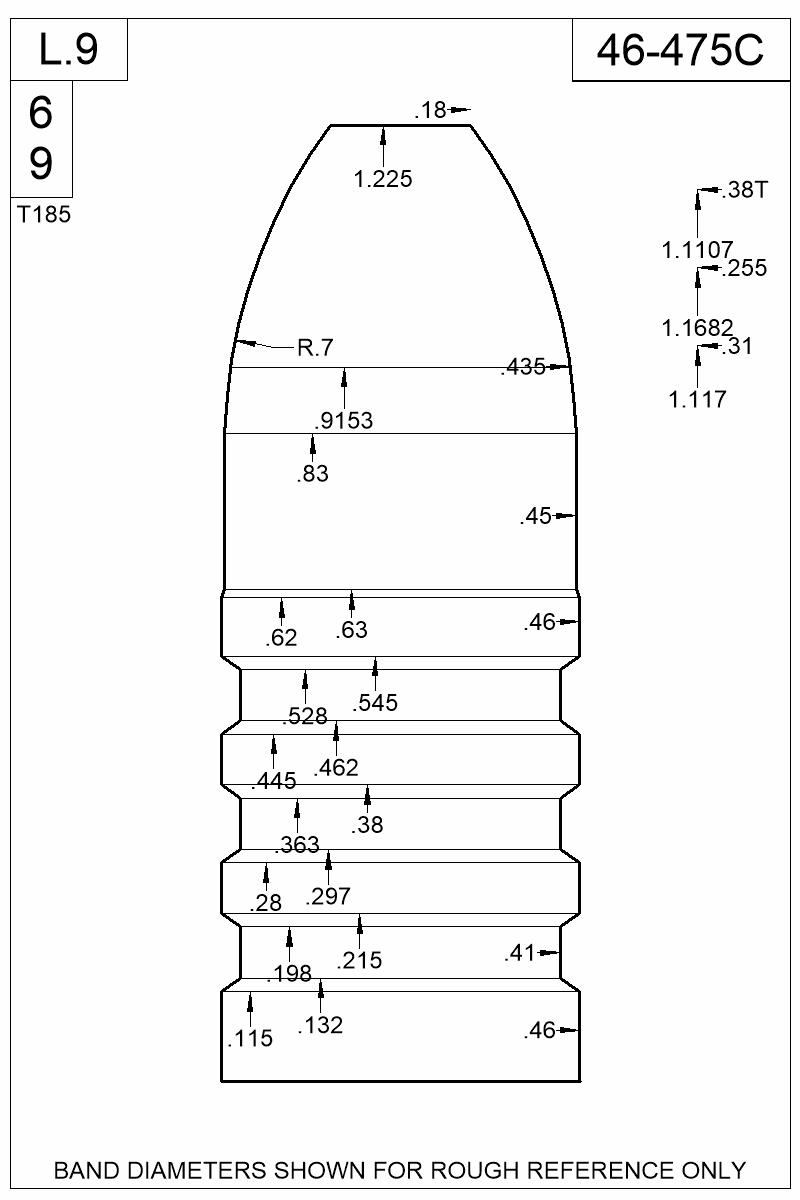 Accurate Molds catalog #46-475C Dimensioned view of bullet 46-475C